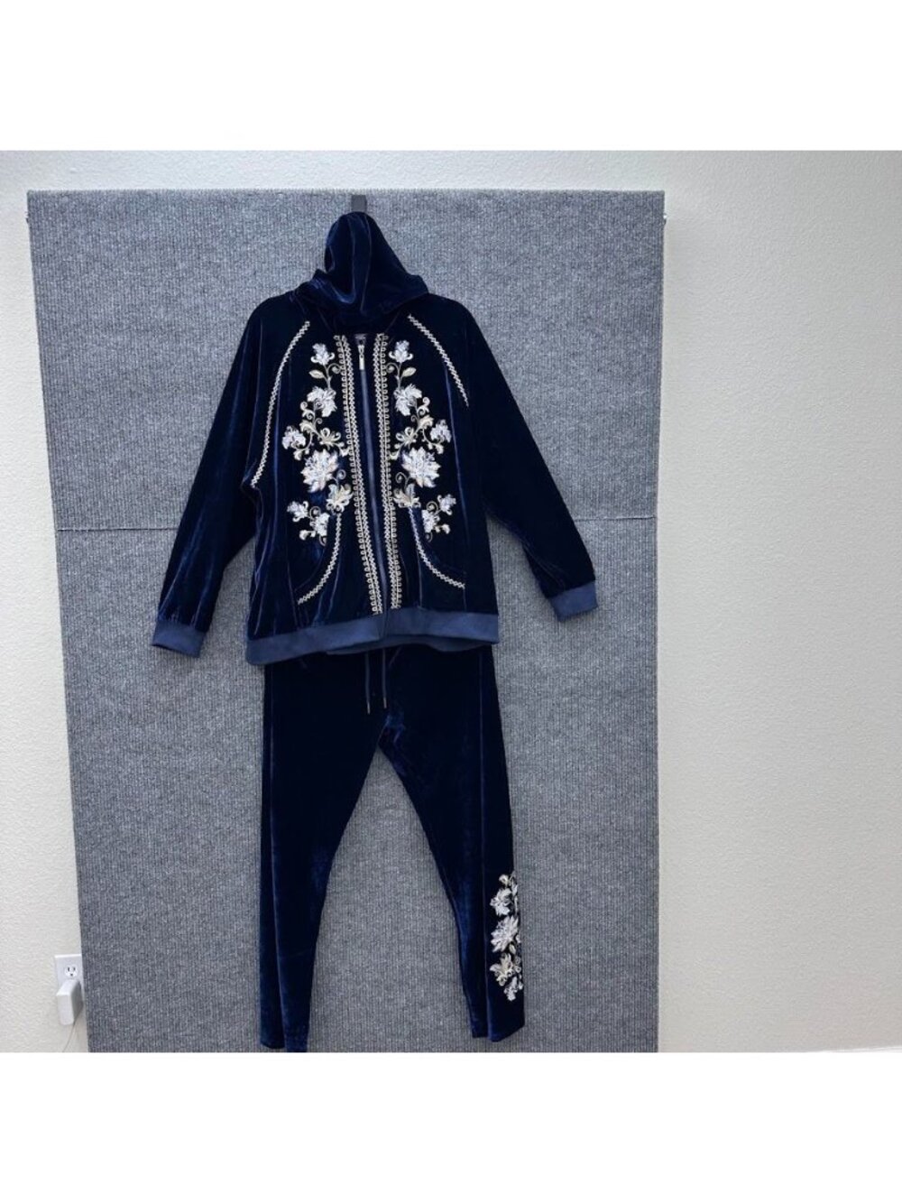 Floriana Boho Blue Velour Track Suit Floral Embroidered Zip Hooded Womens sz 2X